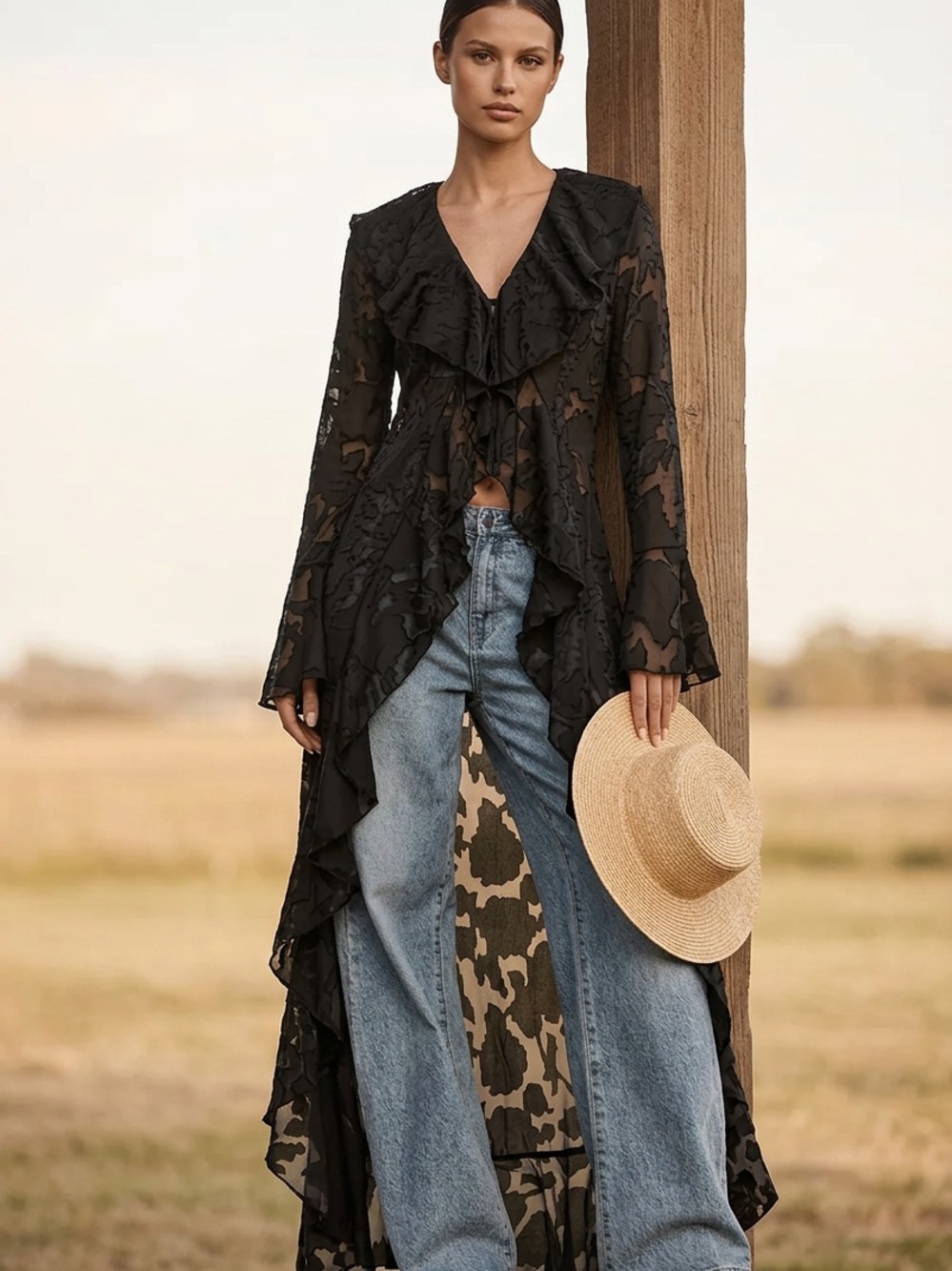 Long Black Sheer Ruffle Duster Jacket